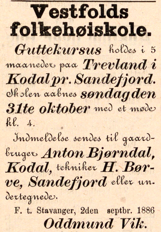 18860915 Vestfold - annonse om folkehøyskole på Trevland i Kodal - utdrag.png